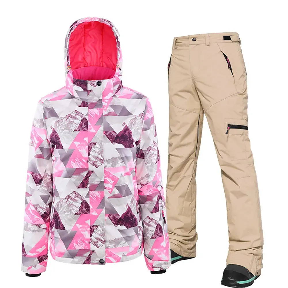 Women's Printed Zipper Button Ski Jacket & Bibs Pants