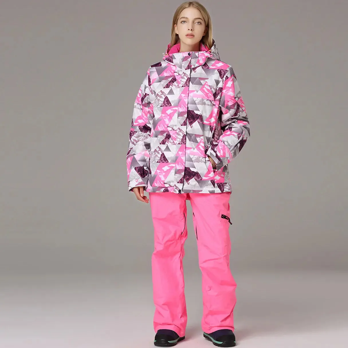 Women's Printed Zipper Button Ski Jacket & Bibs Pants