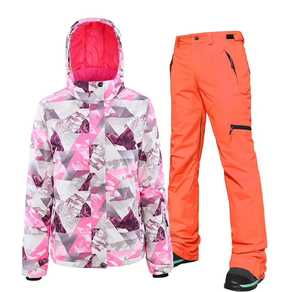 Women's Printed Zipper Button Ski Jacket & Bibs Pants