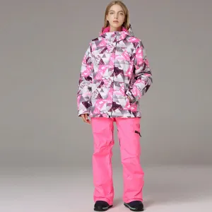Women's Printed Zipper Button Ski Jacket & Bibs Pants