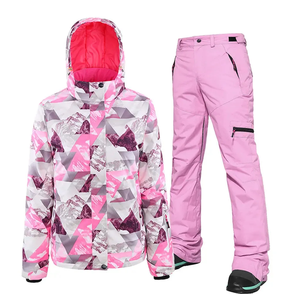 Women's Printed Zipper Button Ski Jacket & Bibs Pants