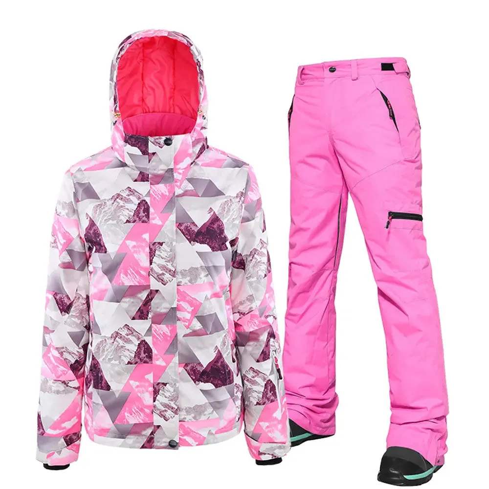 Women's Printed Zipper Button Ski Jacket & Bibs Pants
